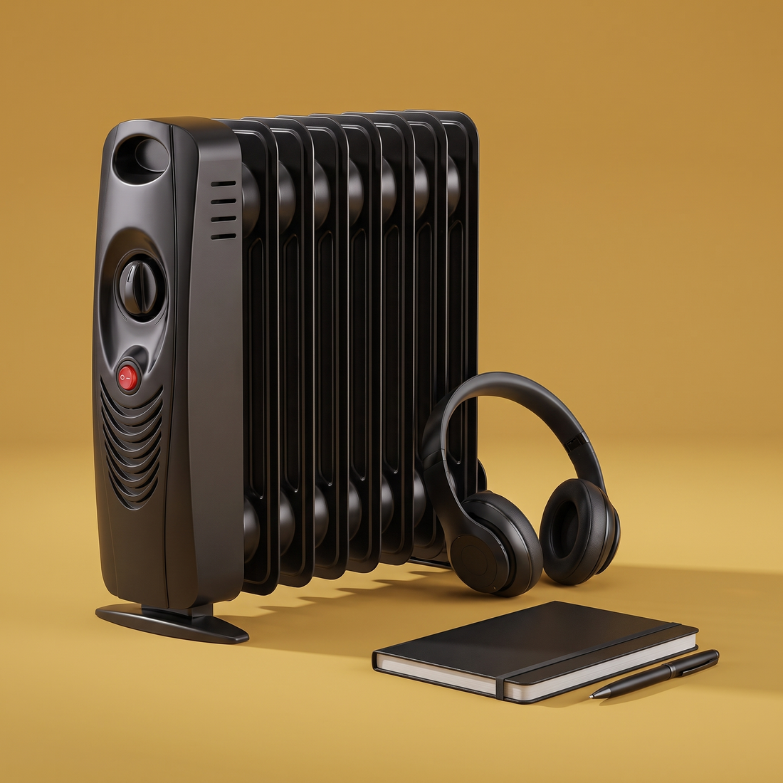 The Onyx Pocket black mini oil-filled radiator heater on a gold backdrop with headphones and a notebook