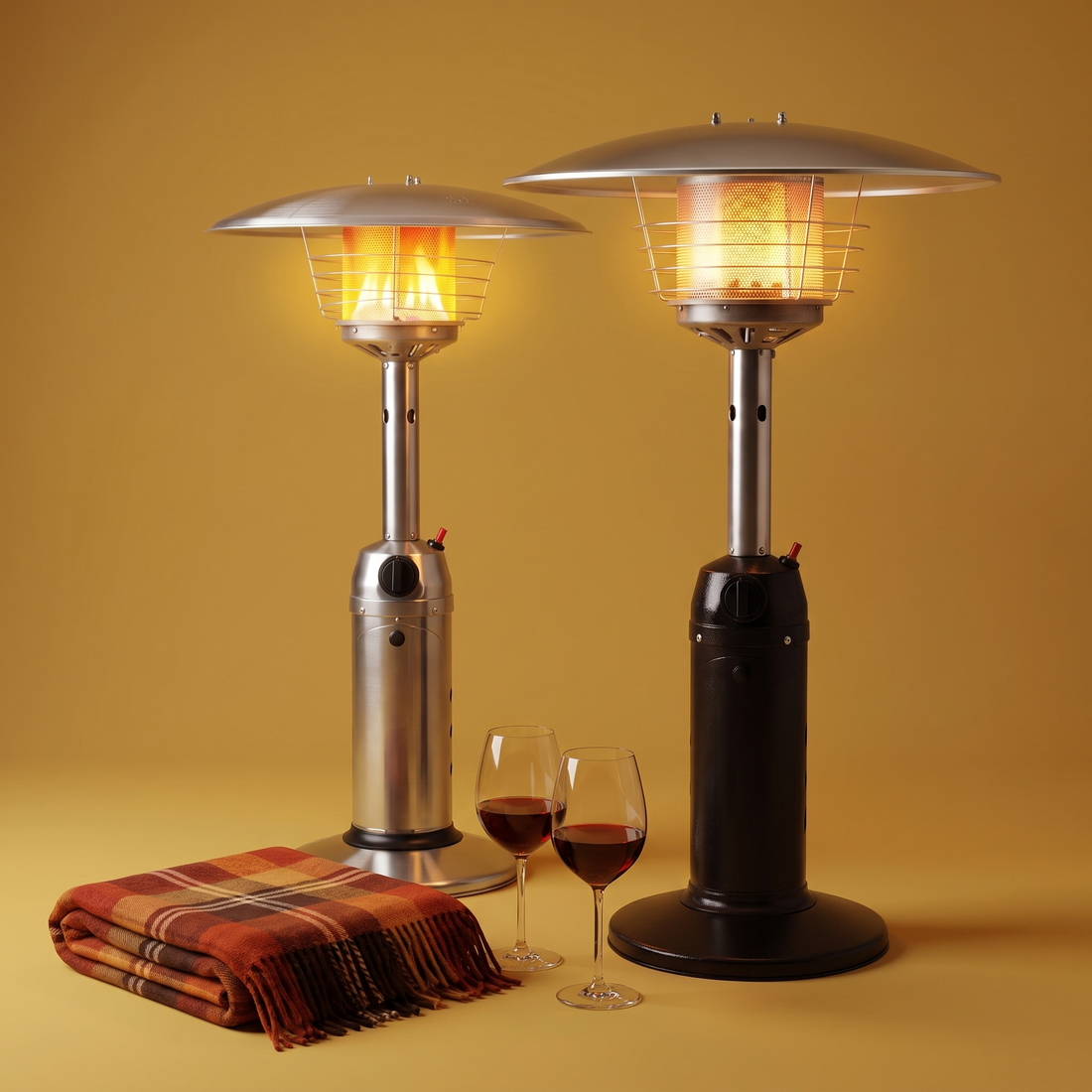 The Table Torch tabletop propane patio heater in Silver and Black, lit, with wine glasses and a plaid throw