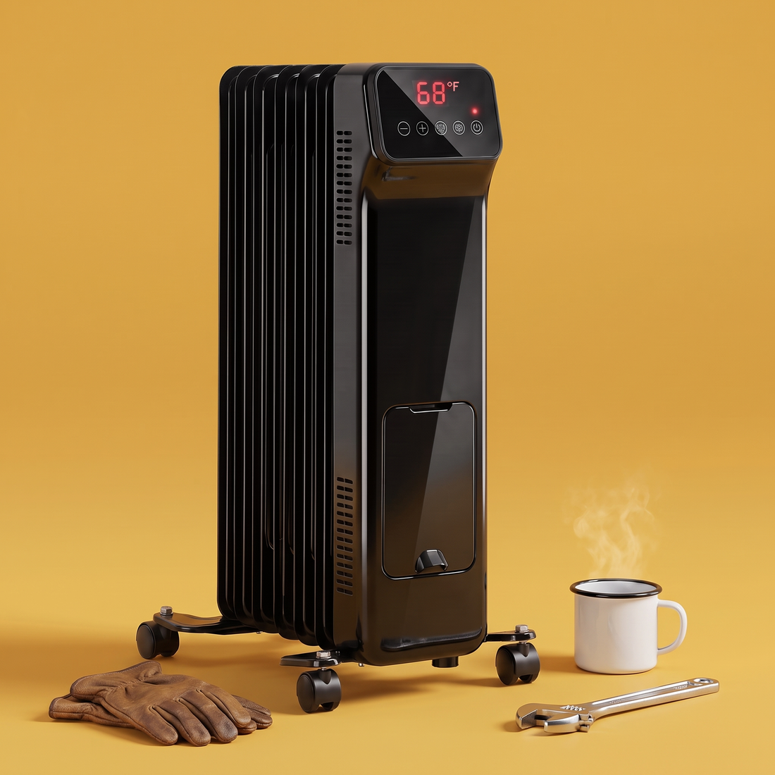 The Signature Column garage heater on a gold backdrop with work gloves, coffee mug and wrench