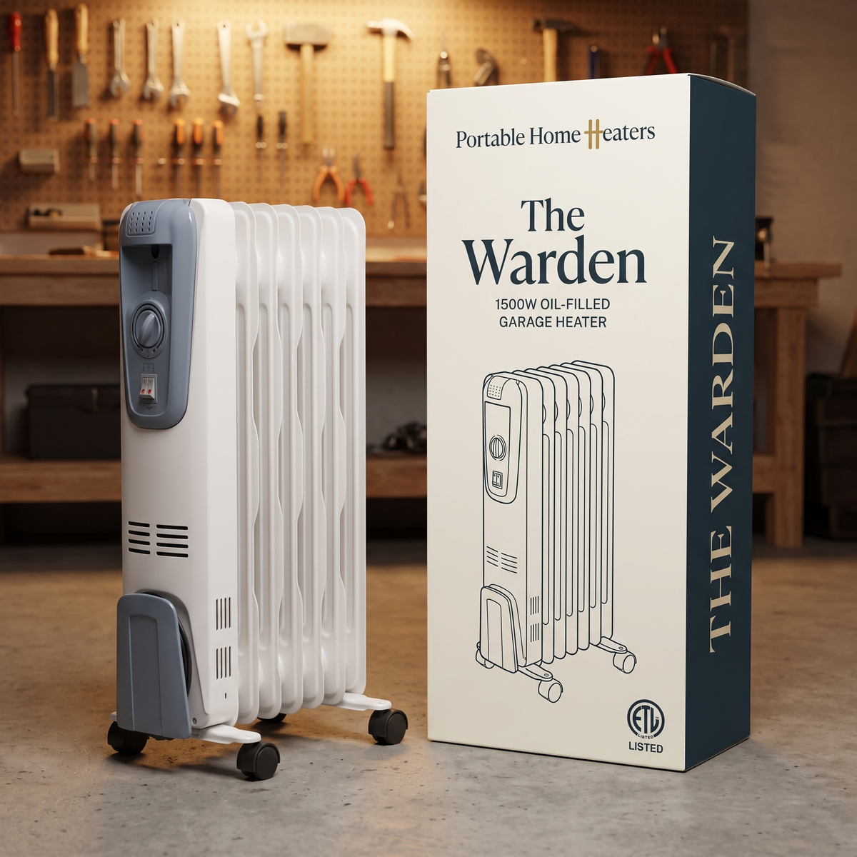 The Warden Garage Heater in a workshop with branded shipping box
