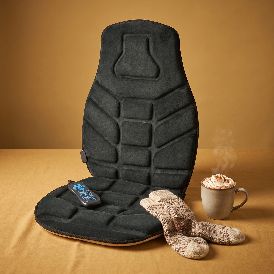 The Warm Seat heated massage seat cushion on a gold backdrop with wool socks and cocoa