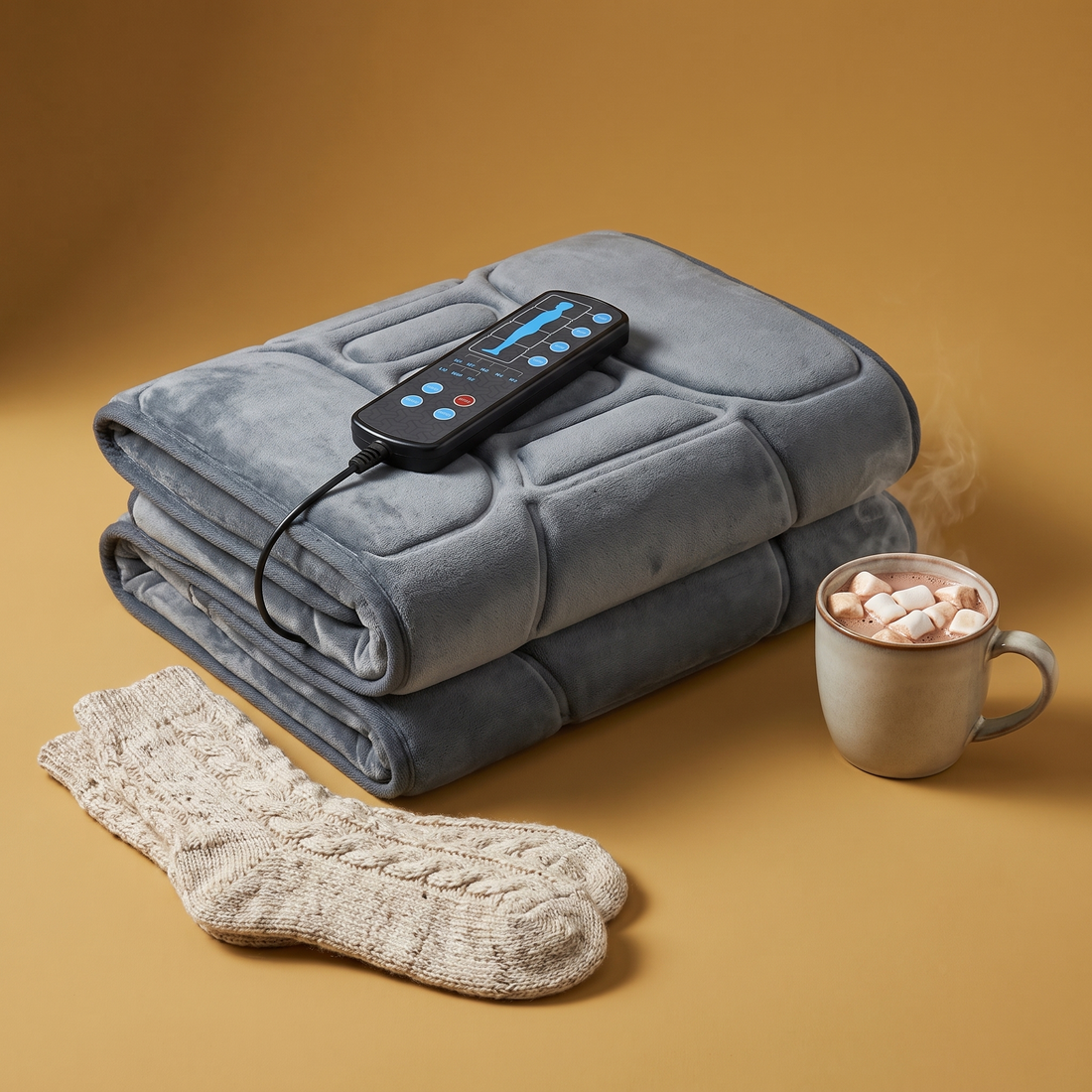 The Warm Mat heated massage mat folded with its remote on a gold backdrop with wool socks and cocoa