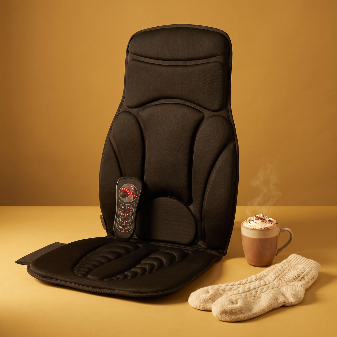 The Warm Seat Plus heated massage seat cushion with its remote on a gold backdrop with wool socks and cocoa