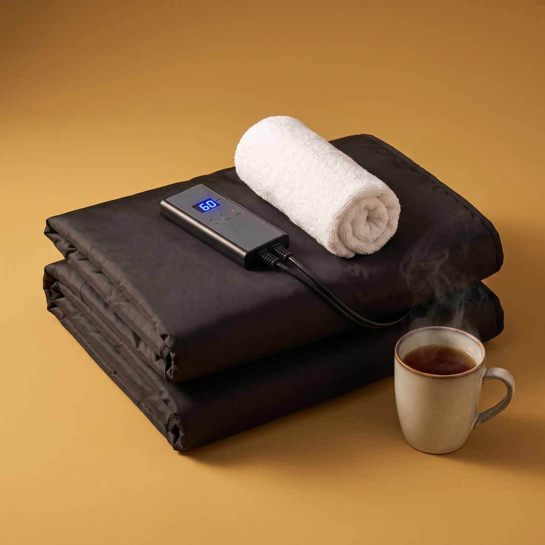 The Sauna Blanket folded with its controller, a towel and tea on a gold backdrop