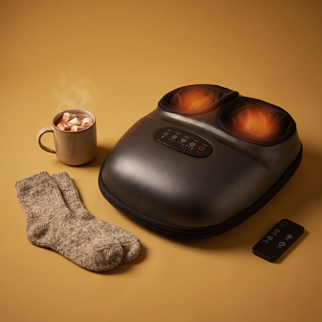 The Foot Rest Plus heated foot massager with its remote, wool socks and cocoa on a gold backdrop