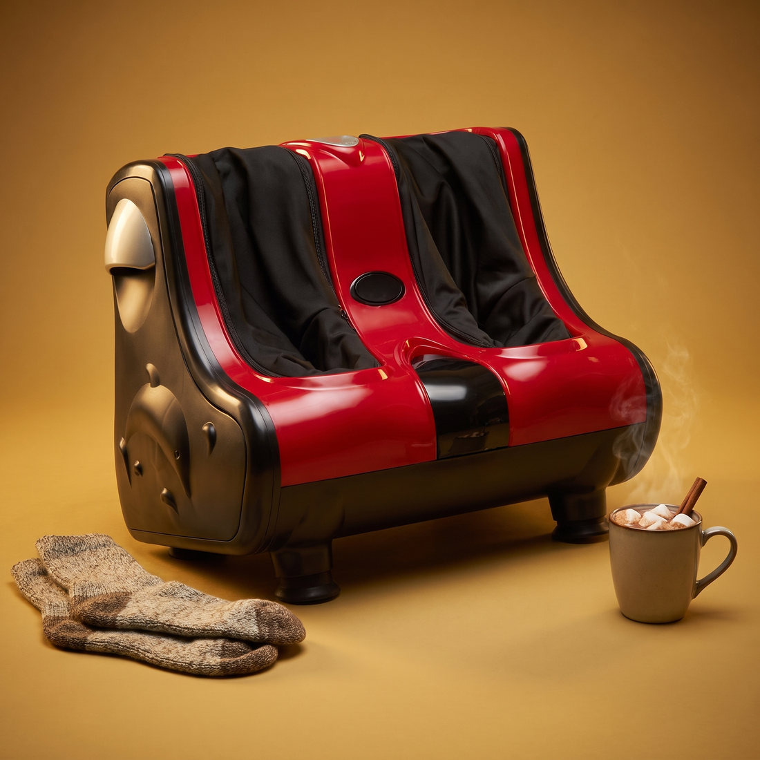 The Foot Rest Deluxe heated foot and calf massager in Red with wool socks and cocoa on a gold backdrop