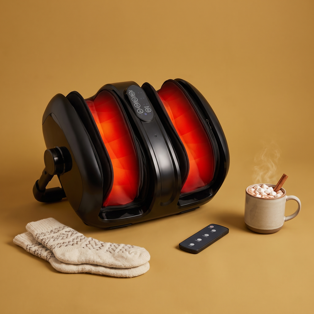 The Leg Rest heated foot and calf massager in Black with its remote, wool socks and cocoa on a gold backdrop