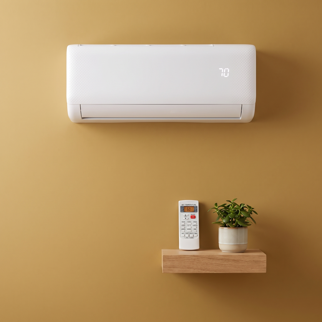 The Year-Round Split ductless mini split indoor unit on a gold wall with its remote