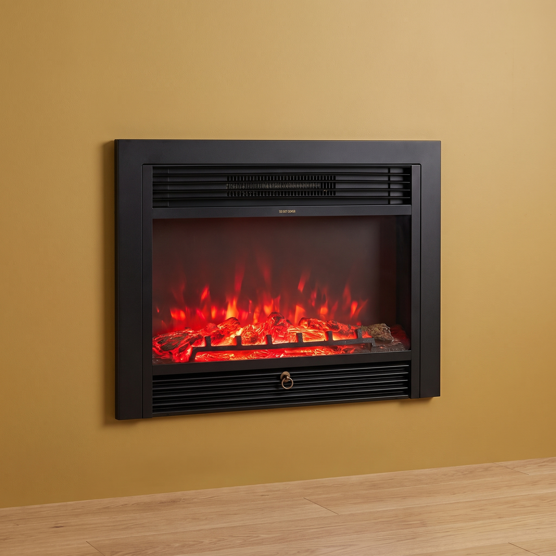 The Wall Hearth electric fireplace recessed in a gold wall