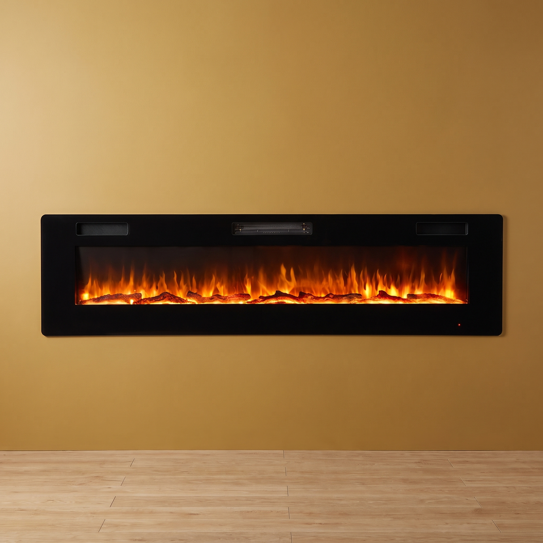 The Panorama Hearth wide electric fireplace recessed in a gold wall