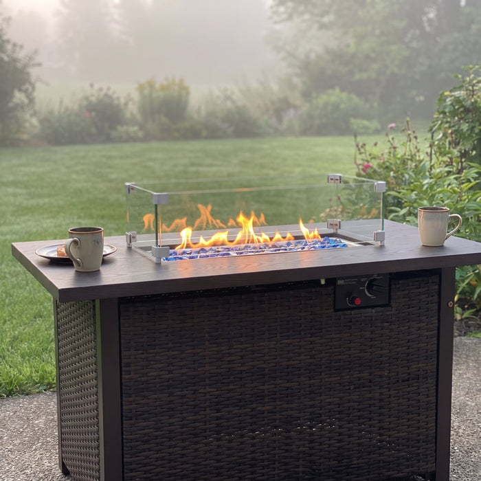Morning coffee by the fire.