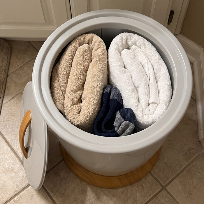 Holds two big bath towels.