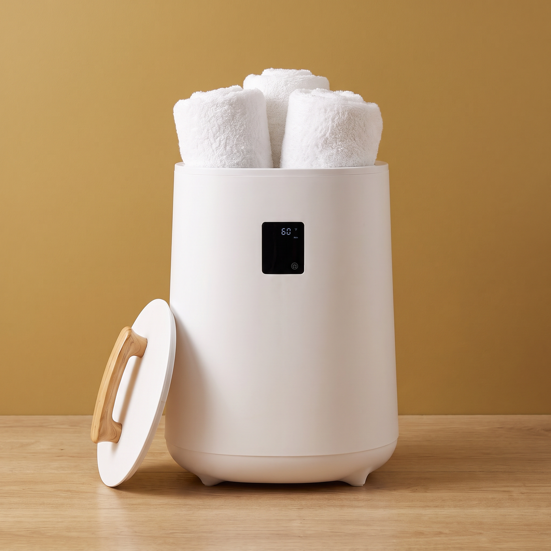 The Petite Spa towel warmer with rolled towels against a gold wall