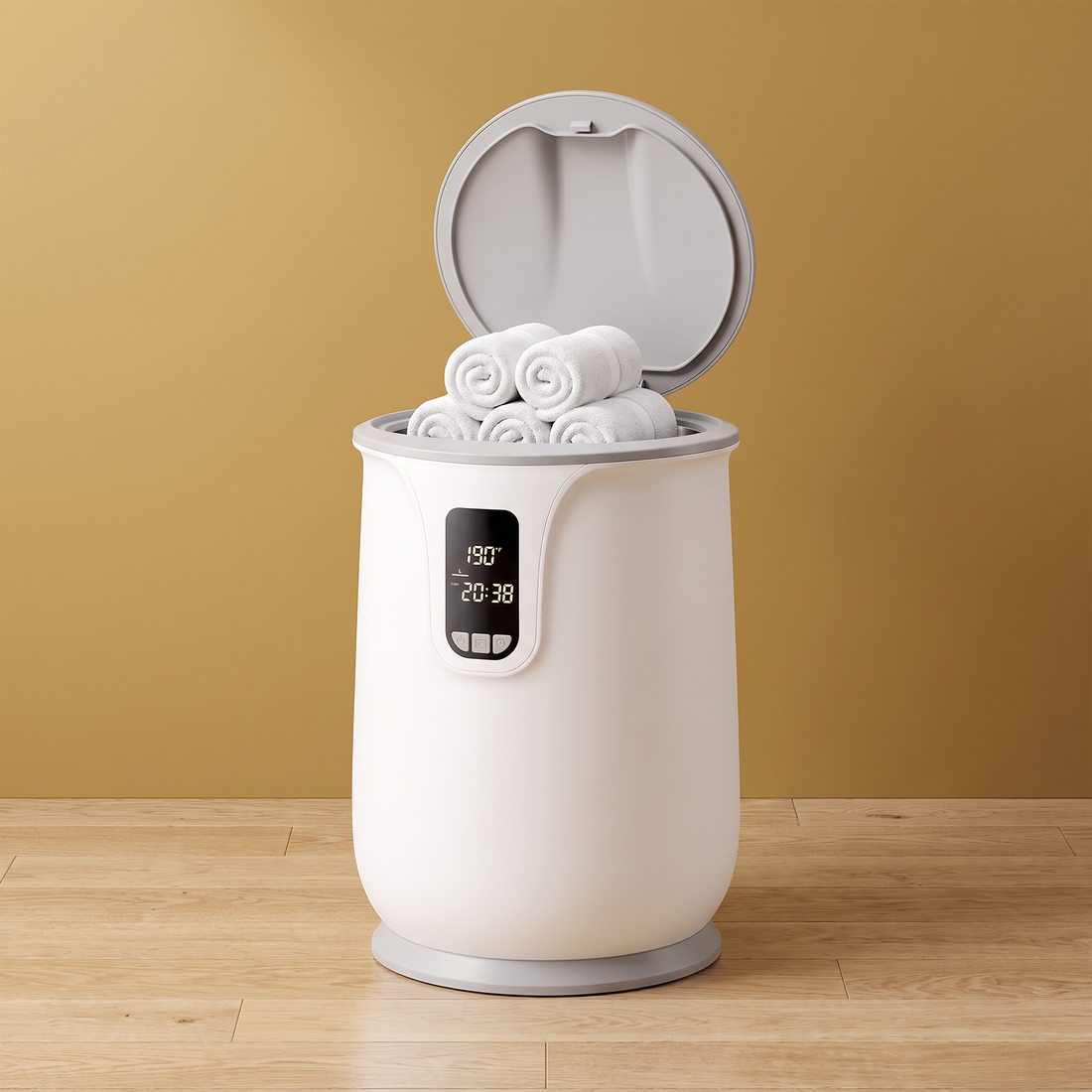 The Flip-Top Spa towel warmer with rolled towels against a gold wall