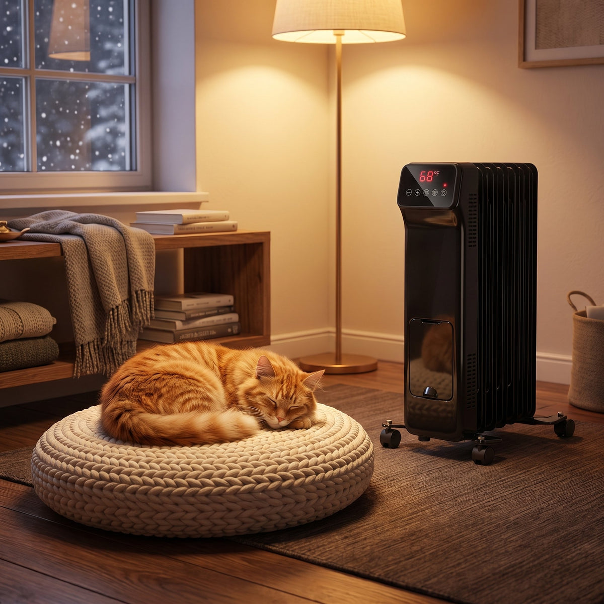 Orange cat asleep on a cushion near an oil-filled heater set to 68°F