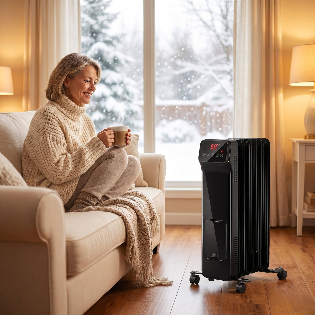 Woman relaxing on her sofa with coffee next to a Portable Home Heaters oil-filled heater set to 68°F