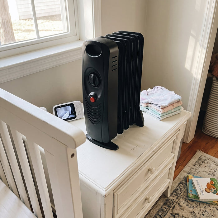 Nursery shelf heater with zero fan noise during naps.