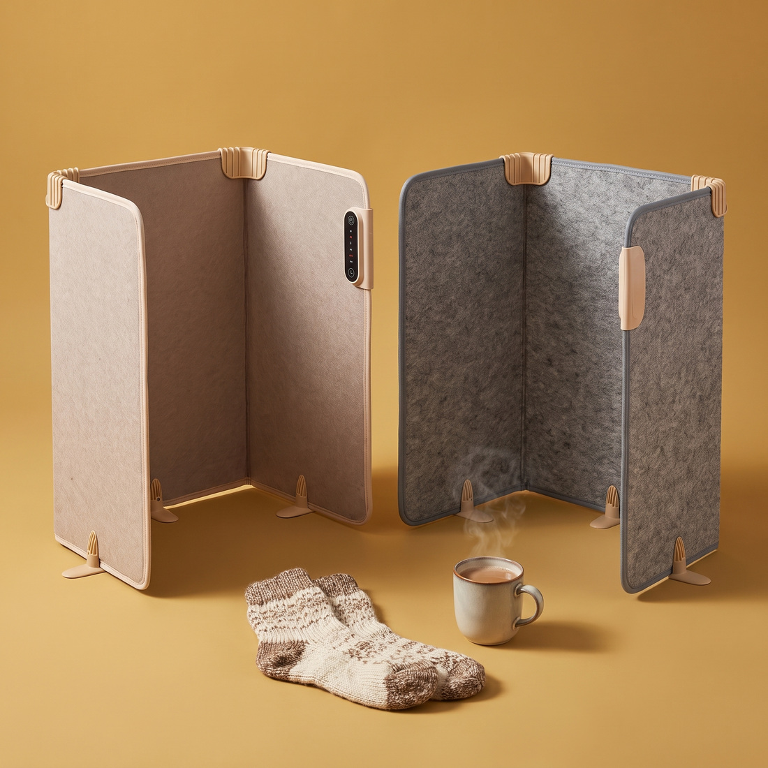The Desk Wrap folding under-desk heater in beige and gray on a gold backdrop with wool socks and a mug