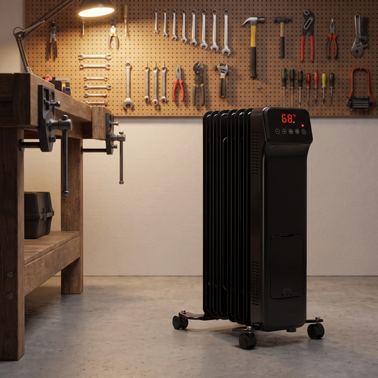 The Signature Column Garage Heater in a workshop with pegboard of tools
