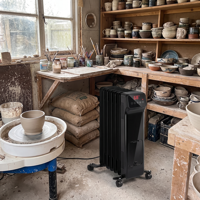 Pottery studio in the shed is finally usable in winter. Wheel spinning again.
