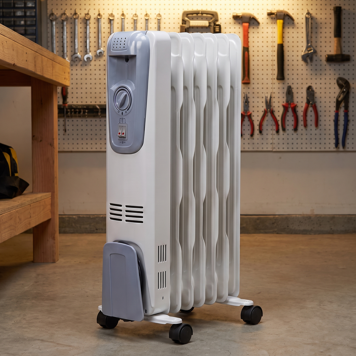 The Warden Garage Heater in a workshop with pegboard of tools