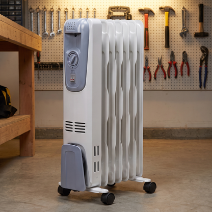 The Warden Garage Heater in a workshop with pegboard of tools