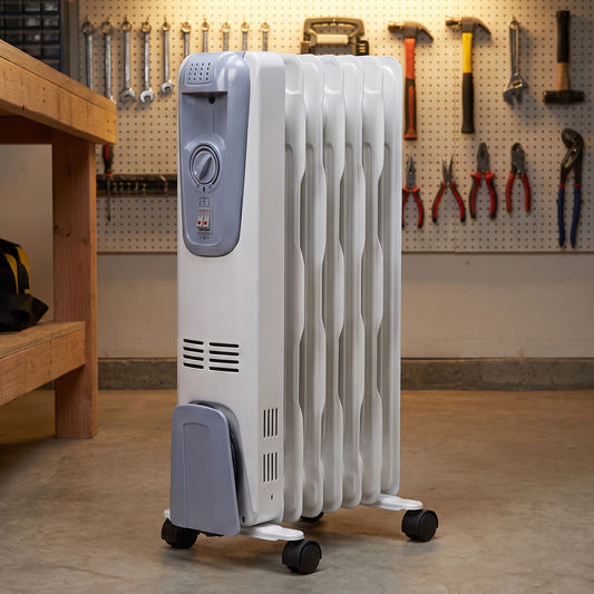 The Warden Garage Heater in a workshop with pegboard of tools
