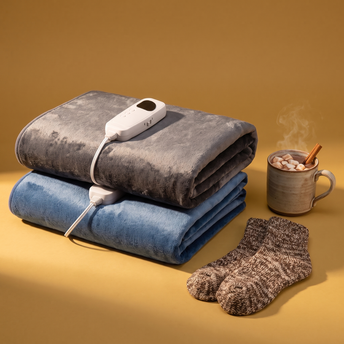 The Snug Pad heated flannel pads in Gray and Blue on a gold backdrop with wool socks and cocoa