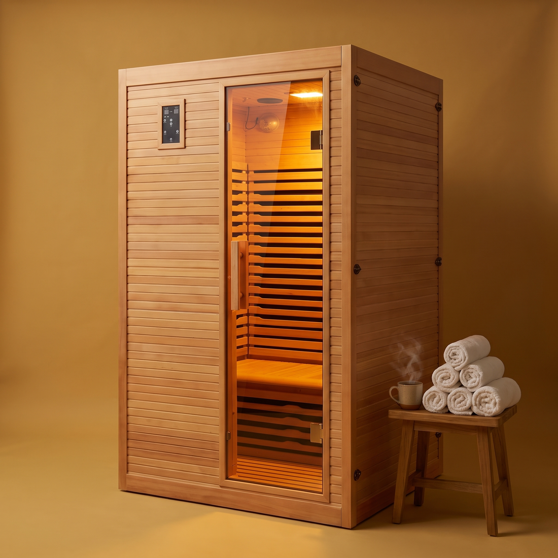 The Cedar Room 2-person wooden infrared sauna glowing warm on a gold backdrop with rolled towels