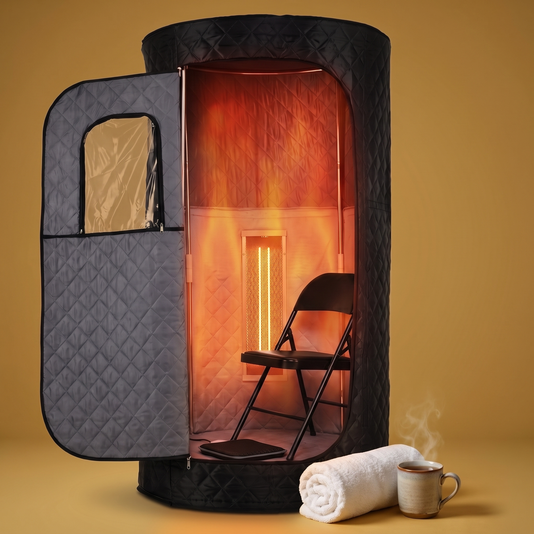 The Infrared Pod round far infrared sauna glowing warm on a gold backdrop with a towel and tea