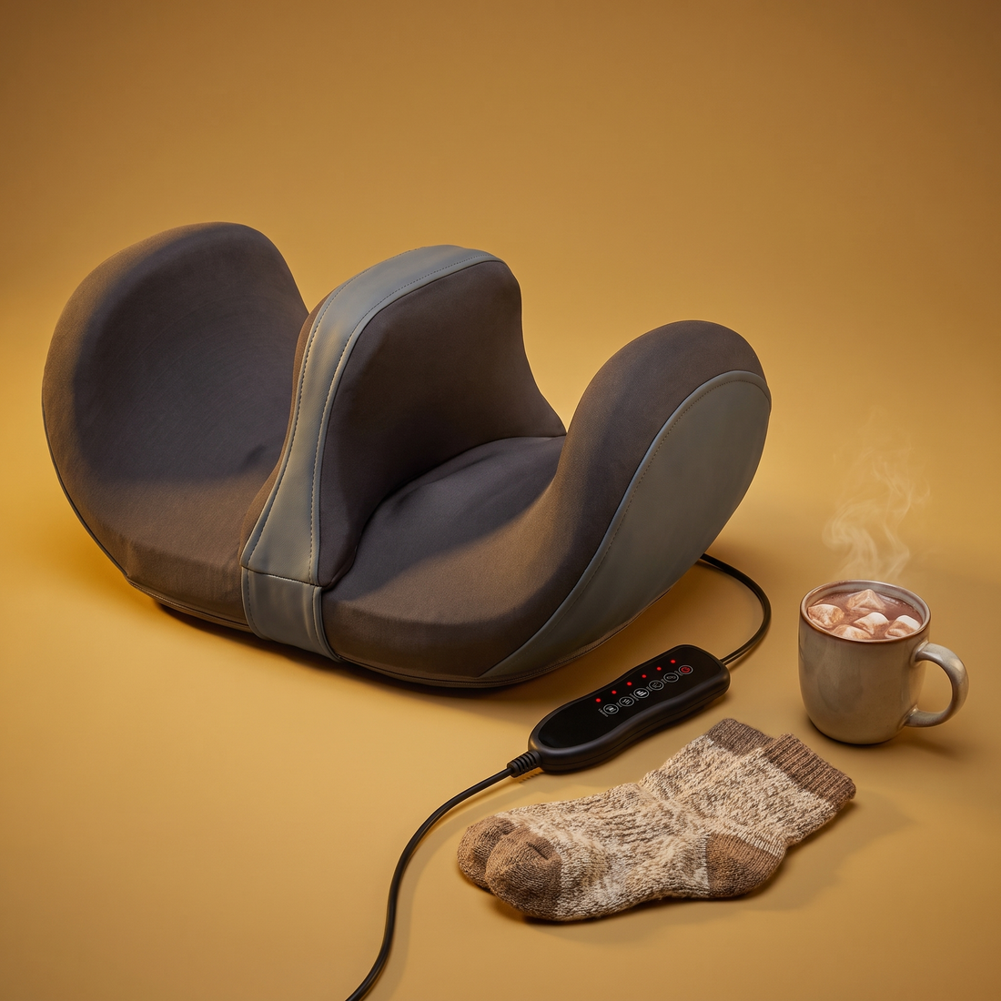 The Warm Wrap heated foot and calf massager with its controller, wool socks and cocoa on a gold backdrop