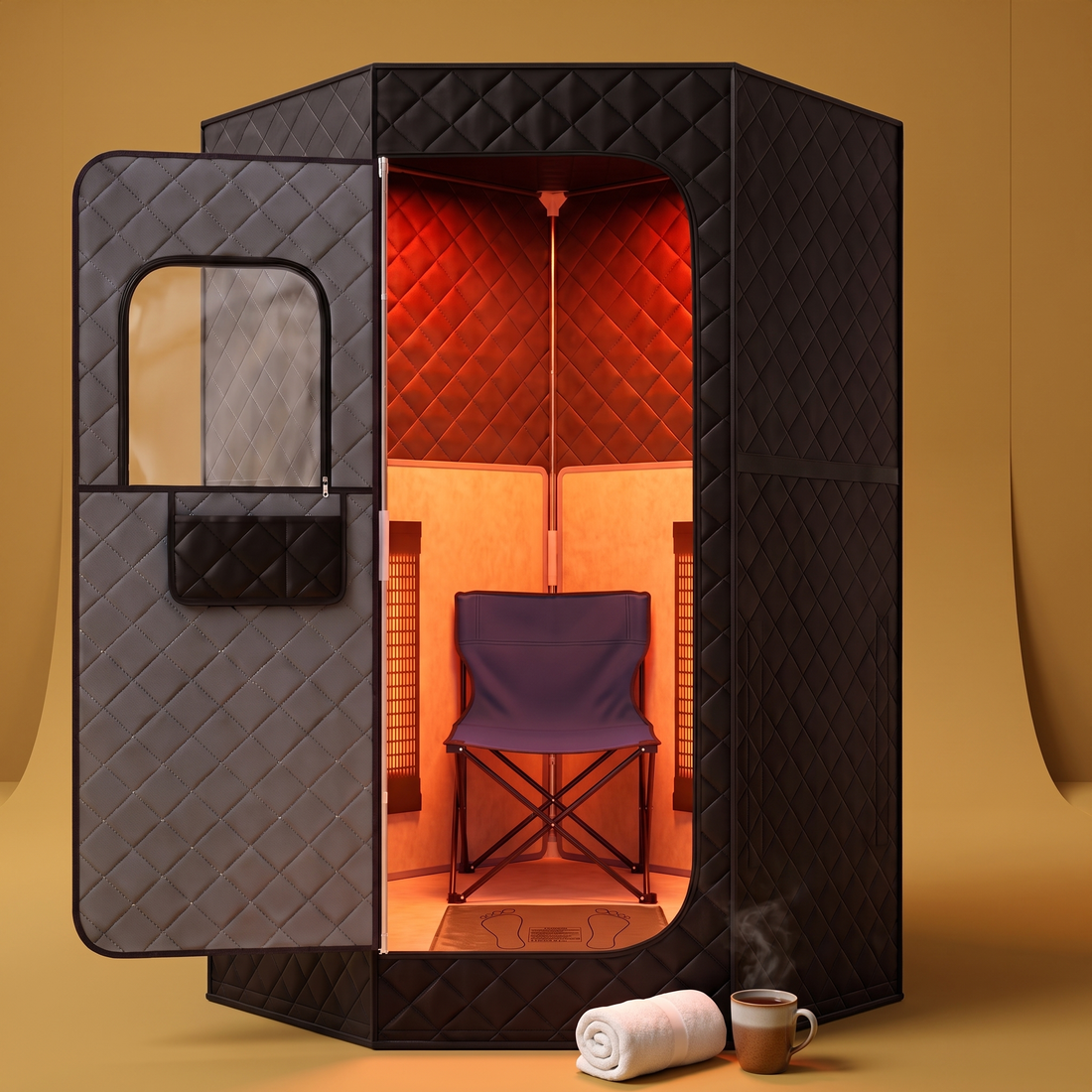 The Infrared Pod Plus pentagon far infrared sauna glowing warm on a gold backdrop with a towel and tea