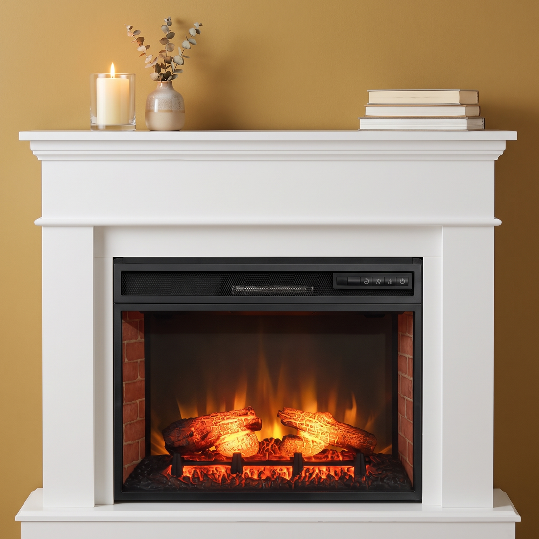 The Brick Hearth electric fireplace insert with brick firebox glowing over realistic logs in a white mantel on a gold wall