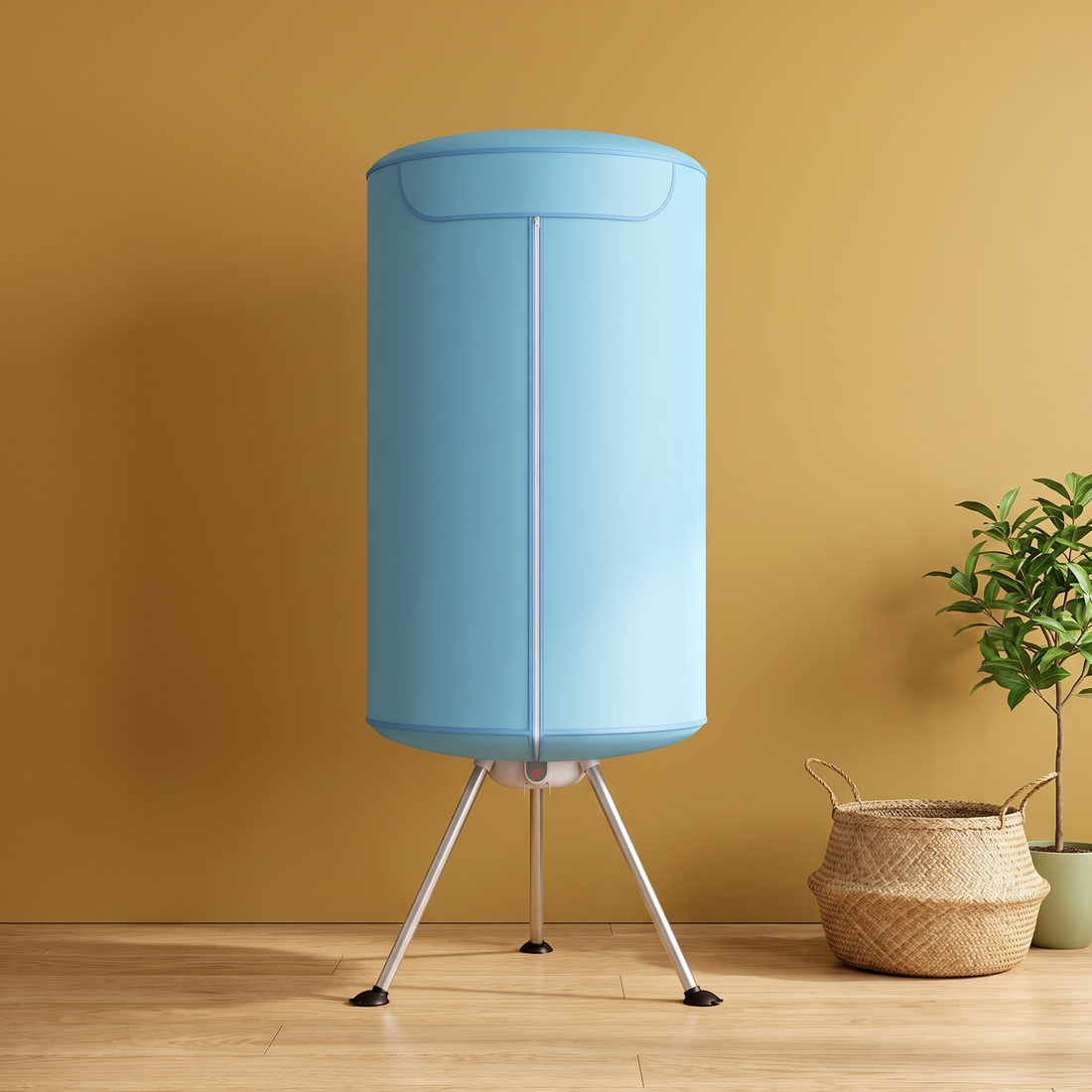 The Dry Pod portable ventless clothes dryer with light blue cover on a gold wall