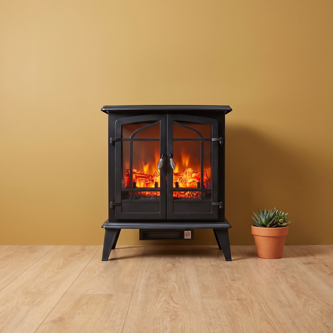 The Stove Hearth freestanding electric stove fireplace with glowing log flame on a gold wall