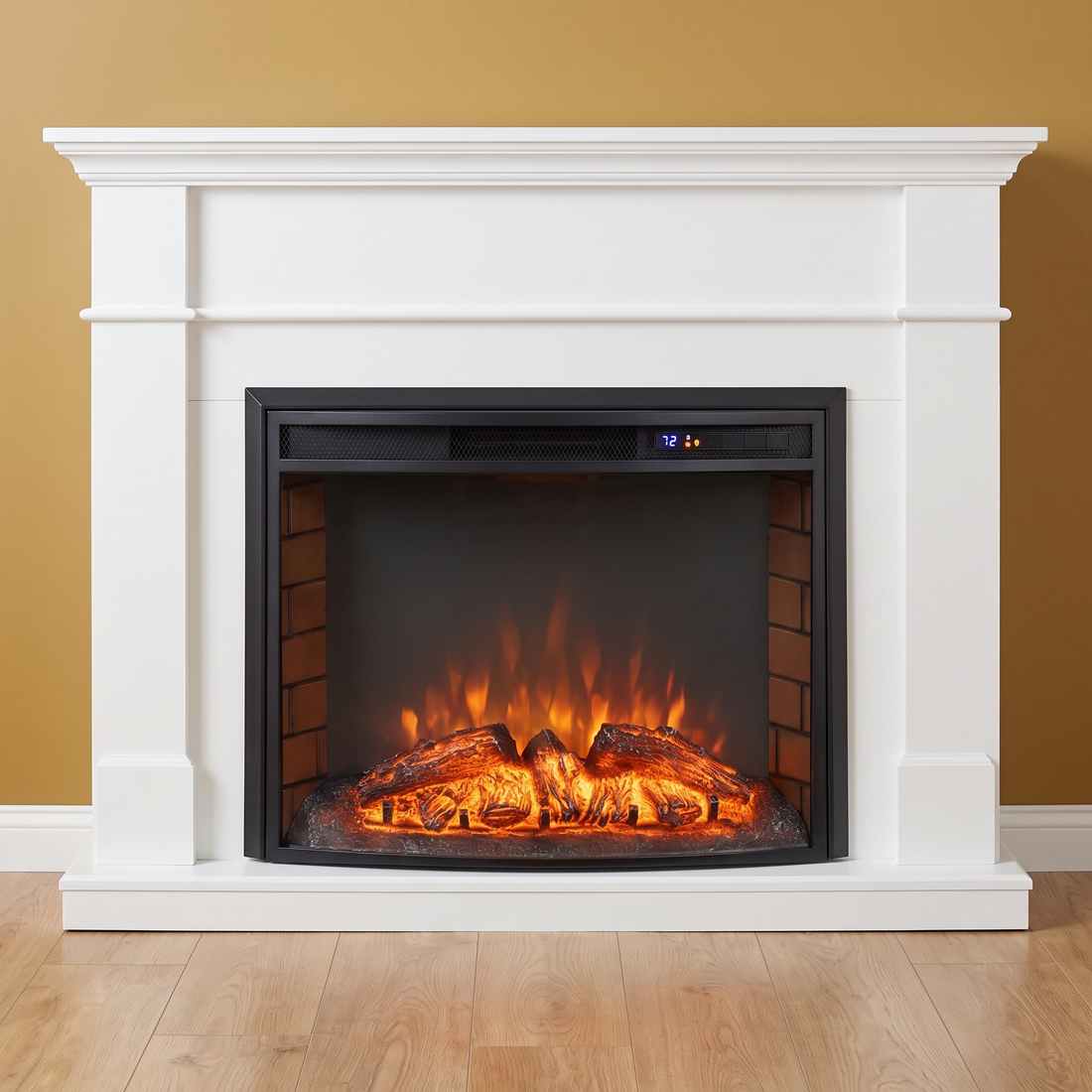 The Curve Hearth curved-glass electric fireplace insert in a white mantel against a gold wall