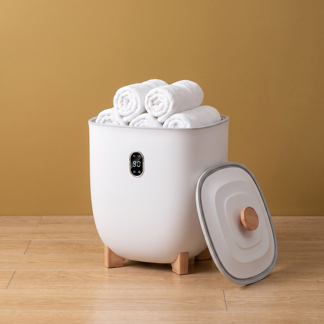 The Spa Bucket Pro towel warmer with rolled towels against a gold wall