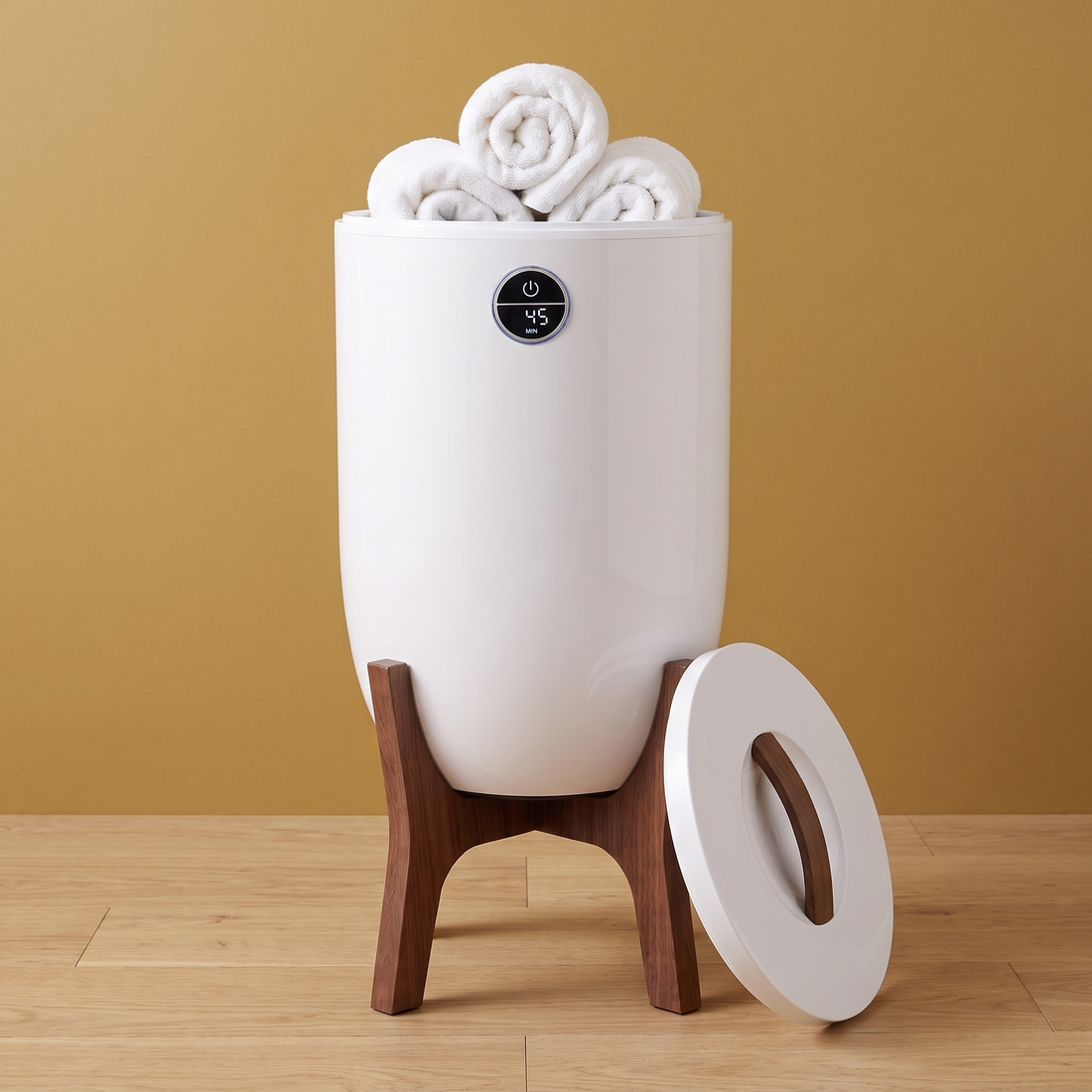 The Pedestal Spa towel warmer with rolled towels against a gold wall