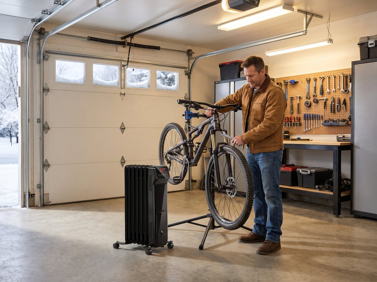 Man working on a mountain bike in a warm garage next to the Signature Column heater