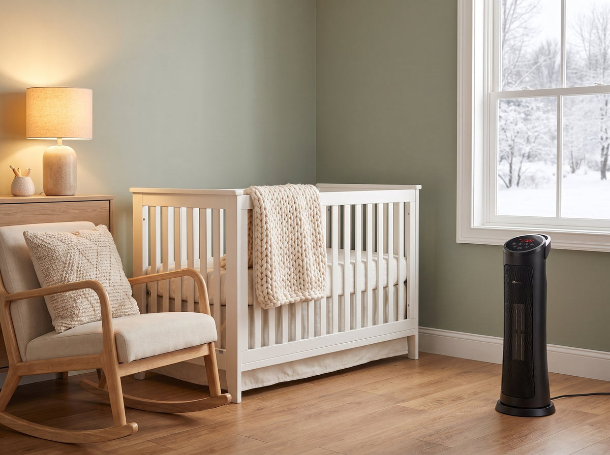 Calm nursery with a white crib and a ceramic tower heater in the corner