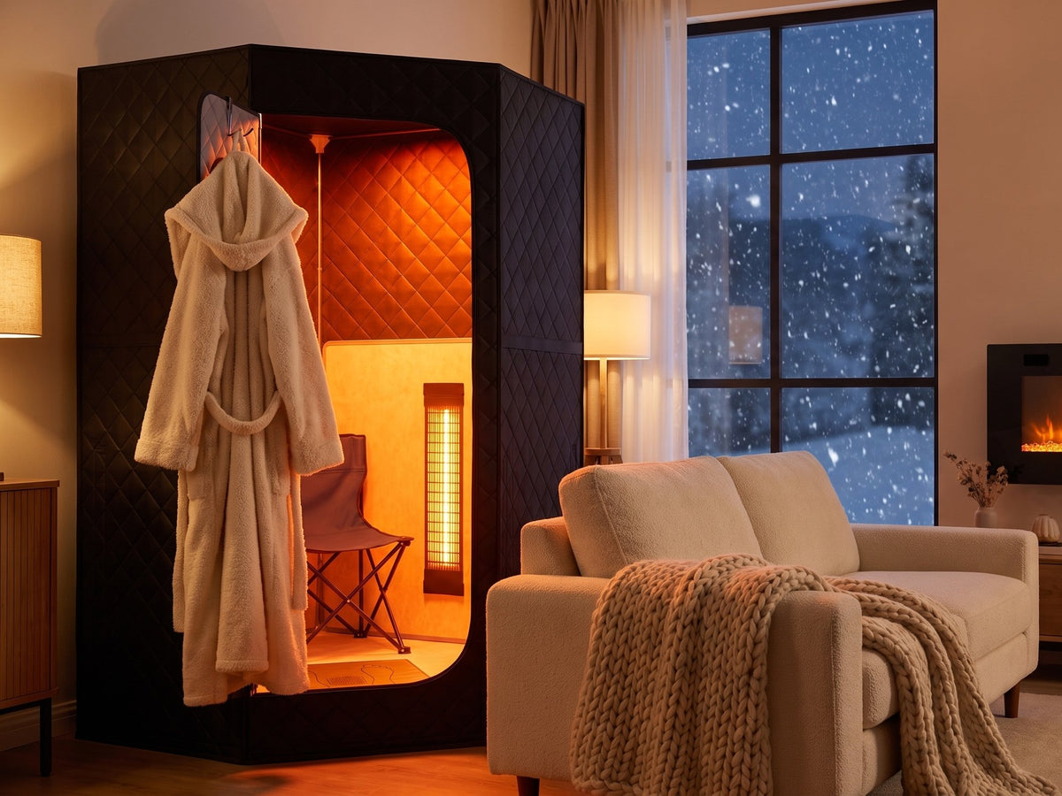 Black infrared sauna tent glowing warm orange with a robe hanging on the door in a cozy living room on a snowy evening